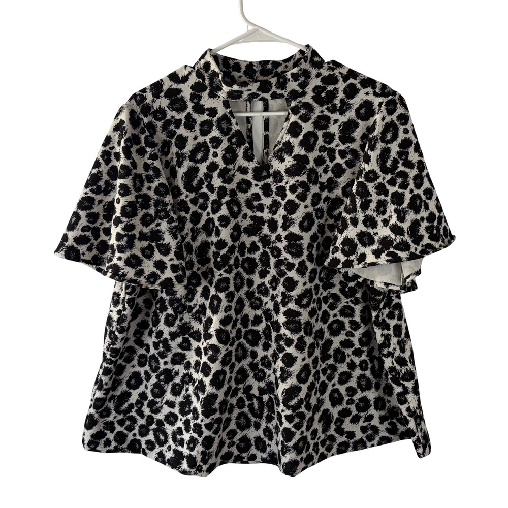 Lane Bryant Leopard Print Mock Neck Keyhole Womens Blouse Black White Size 18
